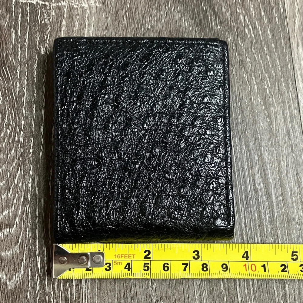 black bifold wallet made from genuine ostrich leather.